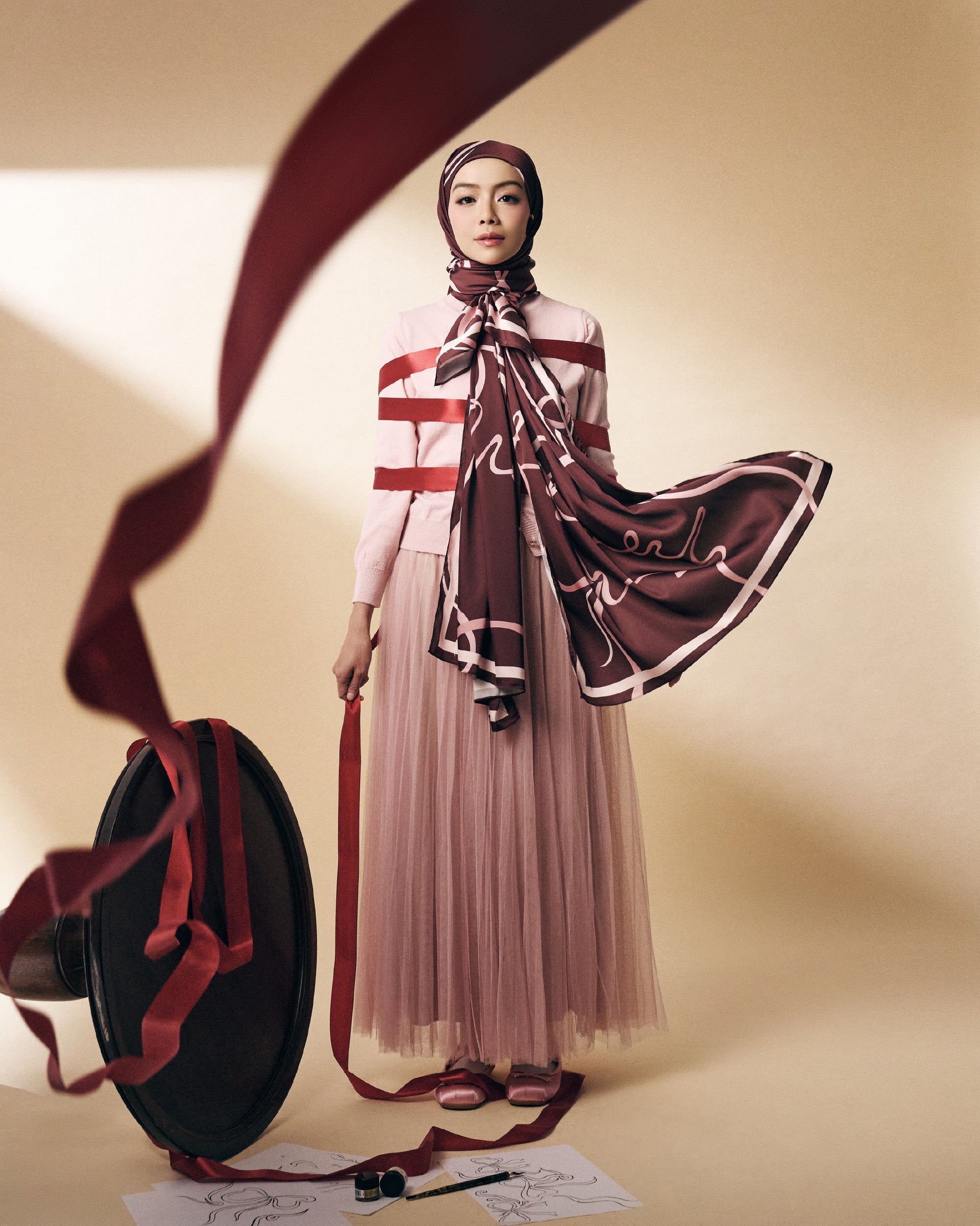 Petite Bow Satin Shawl - Burgundy